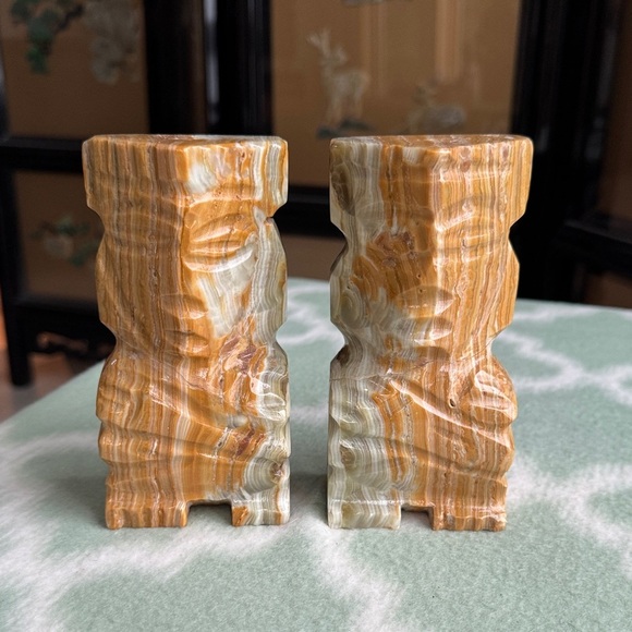 Carved Stone Bookends - Brown and Cream tribal figures - Picture 1 of 9